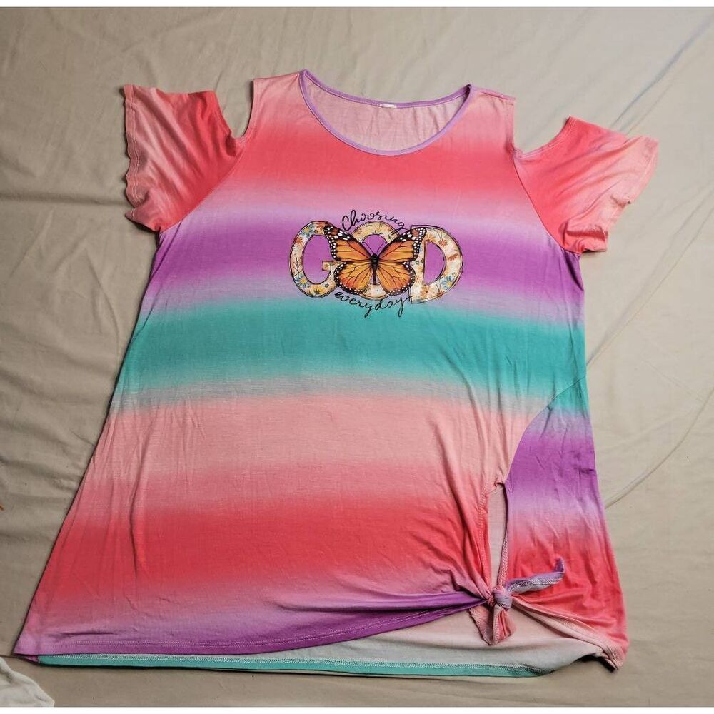 Christian God plus size God top women's rainbow cold shoulder 2x  trendy 22